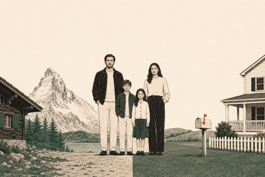 A family of four standing in a calm portrait, the ground beneath them bisected — a Swiss alpine peak, larches, lake and a chalet on the left; an American clapboard house, porch and mailbox on the right. They live on both sides at once.