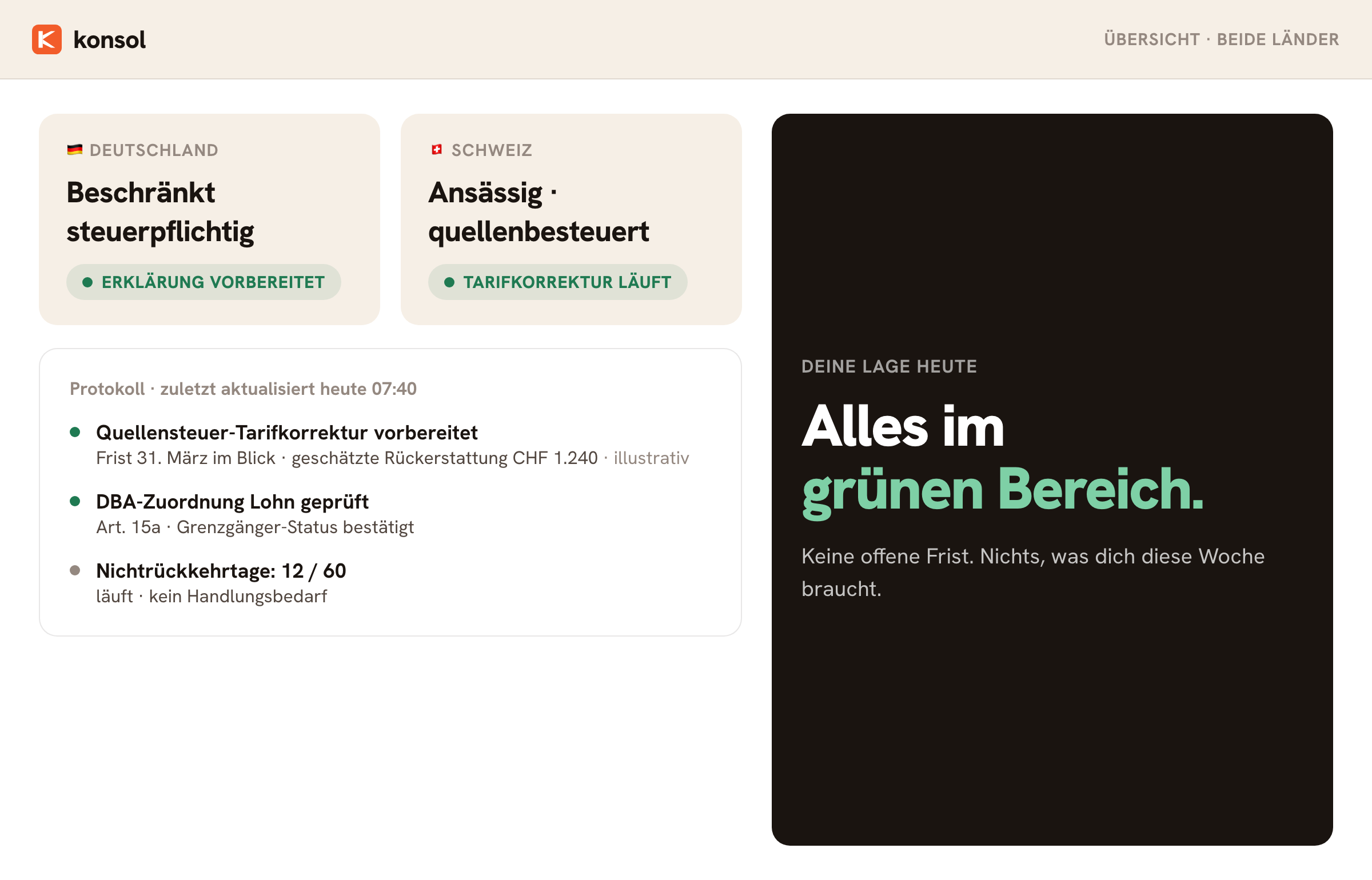 Konsol-Übersicht mit der aktuellen Steuerlage über beide Länder