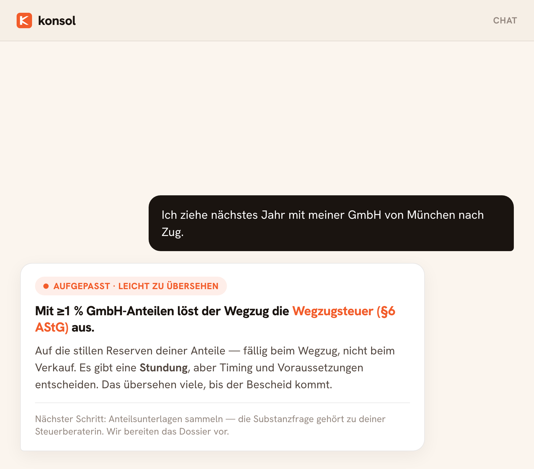 Konsol-Chat, der einen grenzüberschreitenden Steuerfall benennt
